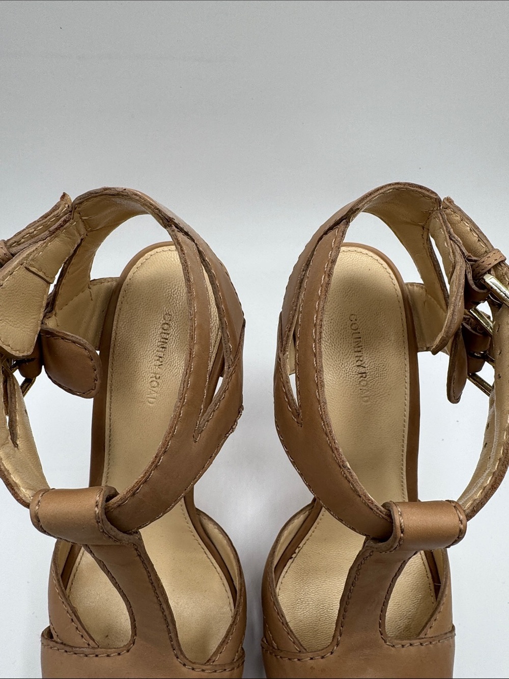 Country Road Tan Leather T Strap Ankle Buckle Heels Block Stiletto Size 38 - Picture 2 of 7